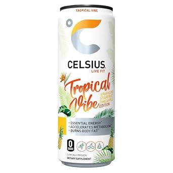 Celsius Sparkling Energy Drink Peach & Tropical Vibe | No Sugar or Preservatives | 12 fl oz, Slim Cans - Variety Pack (12 Pack)