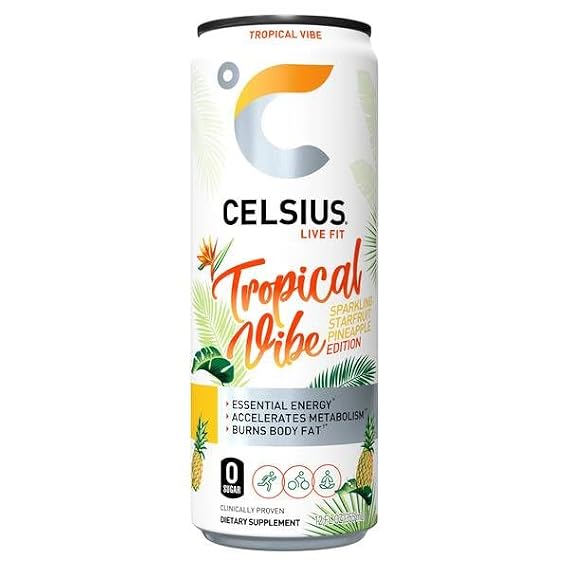 Celsius Sparkling Energy Drink Peach & Tropical Vibe | No Sugar or Preservatives | 12 fl oz, Slim Cans - Variety Pack (12 Pack)
