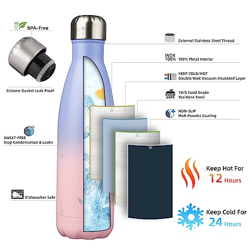 Image of Konokyo Insulated Water Bottles,17 oz Double Wall Stainless Steel Vacumm Metal Flask for Sports Travel,Pastel Sunset