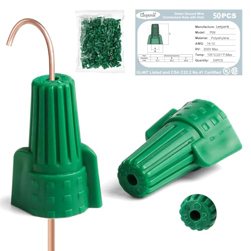 Leepenk 50PCS Green Ground Wire Nuts Connectors with Hole, 14-10 AWG Winged Ground Wire Nut, UL/CSA Certified Twist-On Electrical Connectors for Easy Cable Grounding & Bonding