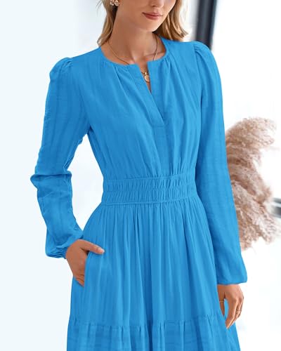 BTFBM Fall Dresses for Women 2025 Casual Long Sleeve V Neck Elastic Waist Lightweight Maxi Wedding Guest Dress Pockets