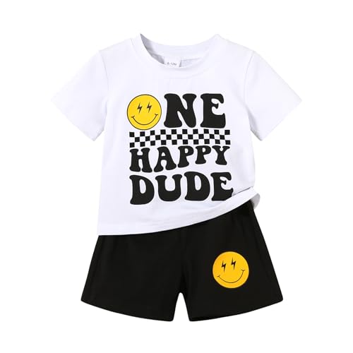 Image of Happy Town Baby Boy Summer Clothes One Happy Dude 1st Birthday Outfits Smile Cool Short Sets