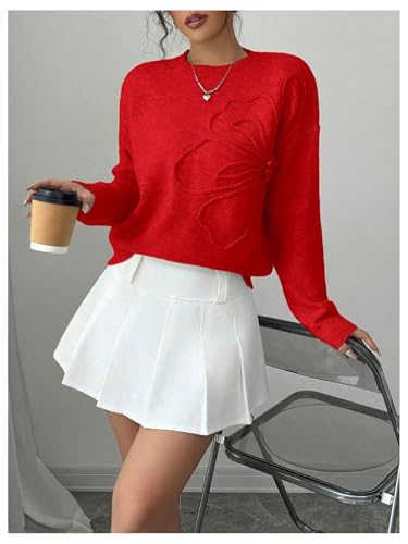 Image of RoseSeek Women's 3D Floral Appliques Crewneck Sweaters Long Sleeve Drop Shoulder Pullovers Elegant Knit Tops