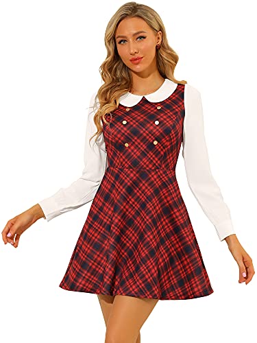 Image of Allegra K Women's Peter Pan Collar Contrast Color Button Decor A-Line Preppy Plaid Mini Dress