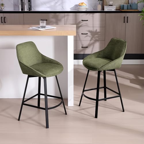 Flouki Swivel Counter Stools, 25 Inches Stools for Kitchen Counter, Modern Swivel Bar Stools for Kitchen Island, Counter Height Chairs, Metal Base, Set of 2, Linen Fabric Upholstered, Green