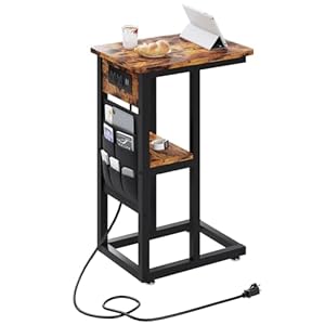 TREETALK Side Table with Charging Station, C Shaped End Table with Storage Shelf and 6 Devided Side Pockets for Couch and Bed, Living Room, Bedroom, Rustic Snack Table