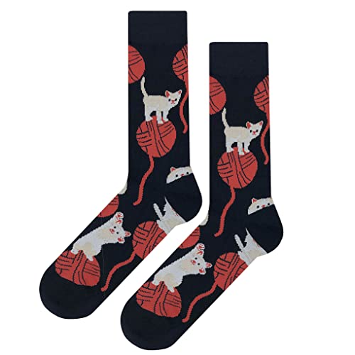 Cat Yarn Dress Socks Funny Novelty Crazy Fun Design Men Size 8-12 Cotton Casual Crew Colorful Funky Fancy Socks Gift for Men