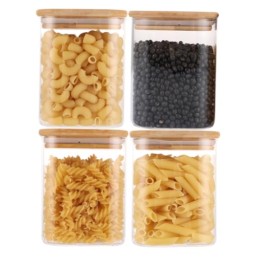 LDXDRU 850 ml tarros de cristal con tapa rectangulares, juego de 4 recipientes herméticos, recipientes de cristal con tapa de madera, recipiente de almacenamiento de cristal rectangular para cereales