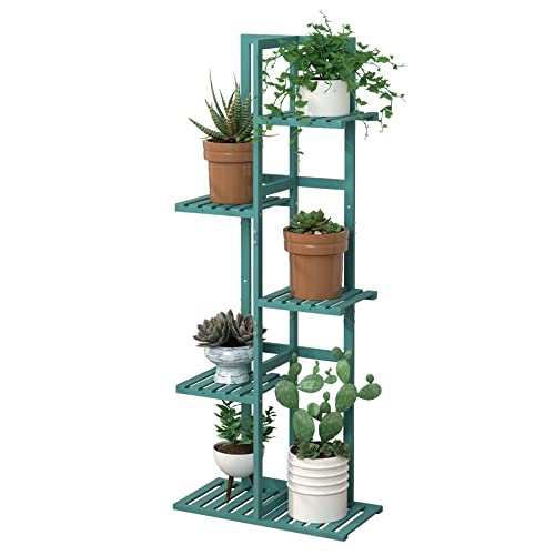 Laiensia Bamboo 5 Tier 6 Potted Plant Stand Rack Multiple Flower Pot Holder Shelf, Indoor&Outdoor Planter Display Shelves for Patio Garden, Living Room, Corner Balcony and Bedroom,Green