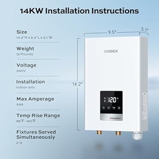 14kW Tankless Water Heater Electric, ORBEK On Demand Instant Hot Water Heater 240V, Max 3.38 GPM, Supply for 2-3 Fixtures, ETL Certified, Indoor Installation, New Upgraded 2.0