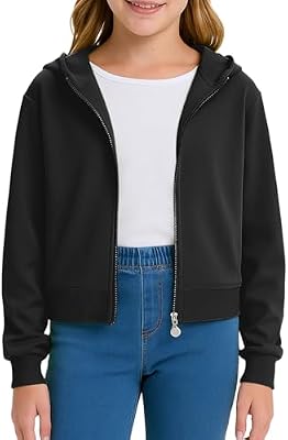 CharmWM Girls Zip Up Hoodies - Cute Crop Sweatshirts for Teens, Trendy Preppy Fashion Jacket in Blac...