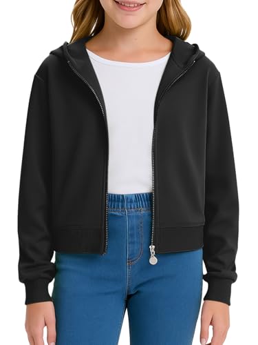 CharmWM Girls Zip Up Hoodies Kids Cute Crop Sweatshirts Teen Trendy Fashion Preppy Jackets Clothes Black