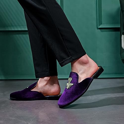 Image of FLQL Mens Shoes Luxury Velvet Gold Buckle Slip-on Penny Loafers Casual Smoking Slippers Indoor Outdoor Sandals Black Size 7-13