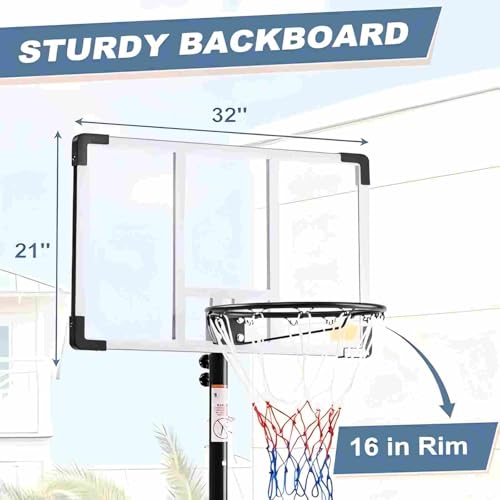 DUMOS 5.08-8.53FT Portable Basketball Hoop Outdoor for Kids, Adjustable Height 44 Inch Shatterproof Backboard w/Shock Absorbent Rim, Fillable Base, 2 Wheels for Swimming Pool/Indoor, White by DUMOS - Image 2