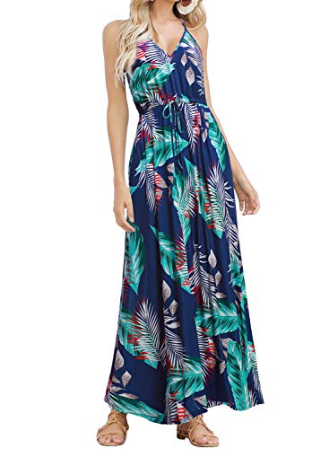 Photo 1 of HUSKARY Womens Sleeveless V Neck Spaghetti Strap Pockets Beach Boho Tropical Summer Maxi Dress Blue Large