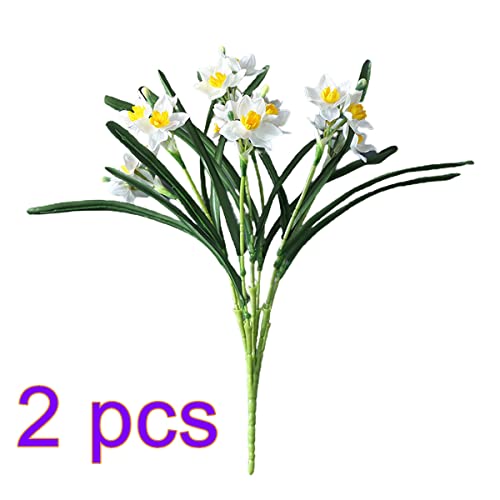 Firlar 2Pcs Artificial Daffodils Flowers Bouquet, 23.6Inch Faux Narcissus Flower Branch With Green Leaves, Fake Spring Silk Daffodil Flower Stems Bundles Arrangement Vase Filler Home Decor, White #TOP5