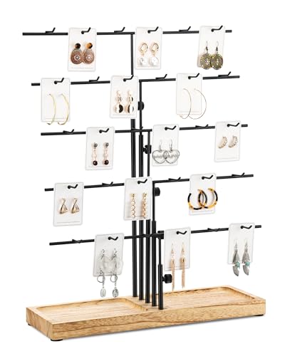 HULISEN Earring Display for Vendors, Adjustable Height Earring Display Stands for Selling, Jewelry Display for Earrings Card, Earrings Rack Display Holder with Tray, 30 Hooks, Carbonized Brown