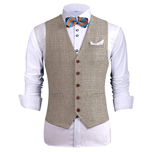 Mens Formal Slim Fit Suit Vest Wool Tweed Herringbone Sleeveless Jacket Waistcoat for Tuxedos