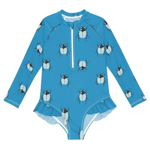 Beetle Pattern on Blue Girls Rash Guard Swimsuits Long Sleeve One Pieces Bathing Suit UPF 50+ Zipper Swimwear