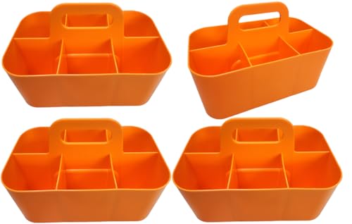 Enjoy Organizer - Small Stackable Plastic Caddy with Handle 6 Compartment | Desk, Makeup, Dorm Caddy, Classroom Art Organizers - 4 Pack, Made In USA (Orange)
