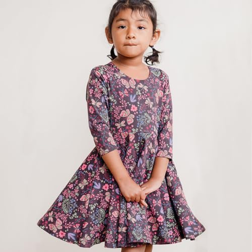 Mightly Girls' 3/4 Sleeve Skater Dress | Organic Cotton Fair Trade Certified Toddler and Kids Clothes, Flowers Child, 123