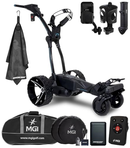 MGI Navigator Ai GPS+ Remote Controlled Electric Motorized Push Cart Golf Caddie with Travel Bag | Drink, Phone, and Umbrella Holders | 40,000 Courses | Signature Series Golf Towel
