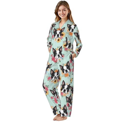 Image of Women'S Long Sleeve Pajama Set Soft Loungewear Button-Down Top & Elastic Waist Pants S- 2XL