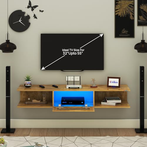 Image of Anikaa Vetra Wall Mount Modern Floating TV Unit for Living Room with Open Shelf Storage Cabinet & Middle Cabinet Blue LED Light (Ideal for 32 to 55 inch TV, DIY Installation, Gaintwood Finish)