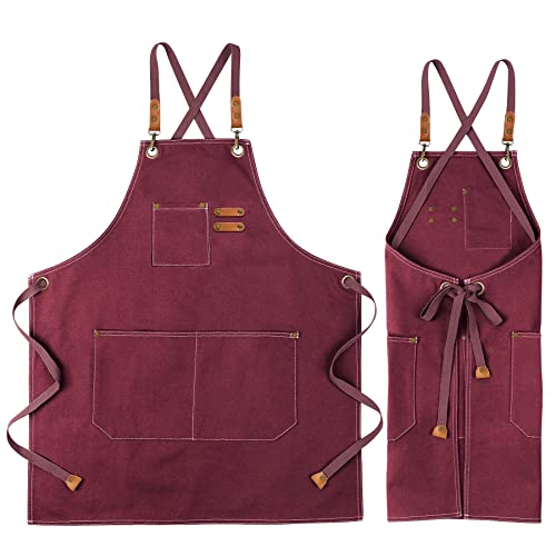 Newthinking Canvas Apron for Men, Heavy Duty Work Apron with Pockets, Waterproof Wear-resistant Tools Apron for Garden, Craft Workshop and Garage, Red, XL