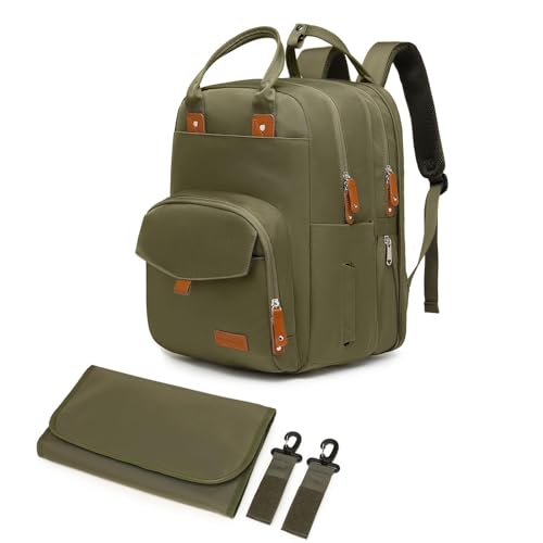 Image of Qualyphant Extra Large Diaper Bag Backpack for Two Kids Twins - Expandable Baby Bag (26-36L), Dual Big Compartments - Includes Changing Pad & Stroller Straps, Unisex Green