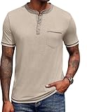 COOFANDY Camisa Henley de Manga Corta para Hombre Casual T-Shirts Camiseta Informal de Verano con Bolsillo Caqui S