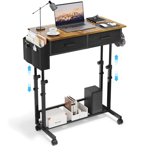 Small Rolling Standing Desk, Height Adjustable Mobile Sturdy Desk with 2 Fabric Drawers & Storage Shelf, Portable Sofa Side Laptop Table for Home Office, Small Spaces, 31.41" x 15.74", Rustic Brown