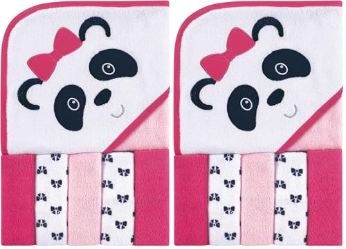 Image of Luvable Friends Unisex Baby Hooded Towel with Five Washcloths, Panda, One Size (Pack of 2)