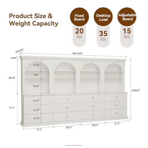 Image of ivaniti 71 inch Arched Kitchen Pantry Cabinet Set of 4 with 12 Drawers, White Freestanding Storage Hutch with Open Shelves and Gold Handles for Kitchen, Dining Room