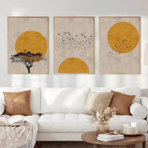 Peinture paysage abstrait arbre de soleil jaune tableau salon 3 pièces