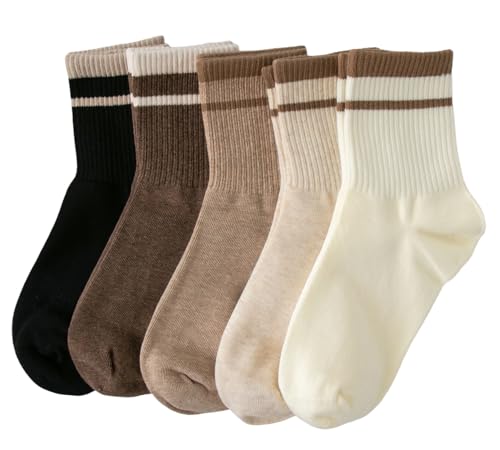 Image of Deeorla Womens Striped Crew Socks Brown Vintage Retro Athletic Socks 5 Pairs