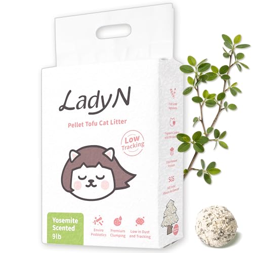 Lady N Pellet Tofu Cat Litter Yosemite Woody Scent, Strong Clumping, Ultra Absorbent, Dust-Free Low Tracking, Water-Soluble, Natural Ingredients, Enviro-Probiotic for Odor Control 9lb