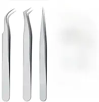 Kit 3 Pinças para Extensão de Cílios (45°, Curvada, Reta) para Fio a Fio e Volume, Com Case de Armazenamento, Precisão Profissional para Salões e Estúdios (Prata)