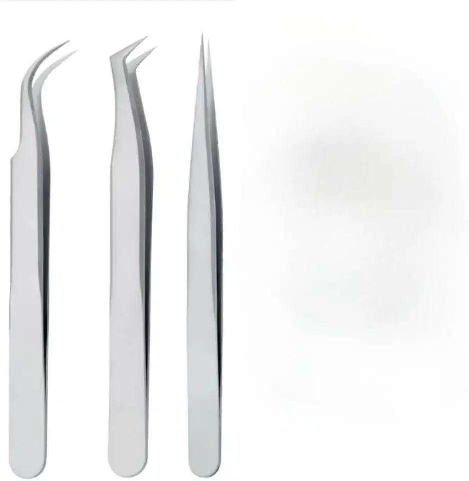 Kit 3 Pinças para Extensão de Cílios (45°, Curvada, Reta) para Fio a Fio e Volume, Com Case de Armazenamento, Precisão Profissional para Salões e Estúdios (Prata)
