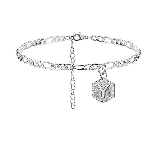 Y Initial Anklet Silver Ankle Bracelets for Women Figaro Chain Letter Anklet with Initials Cute Summer Initial Anklets for Women Girls