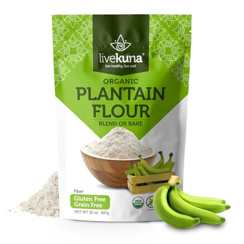 LiveKuna Organic Plantain Flour - Gluten Free All Purpose Flour Alternative For Baking & Cooking Recipes - Grain Free Vegan Plantain Flour, Rich In Fiber & Vitamins for Keto & Paleo Diets, 32oz Bag