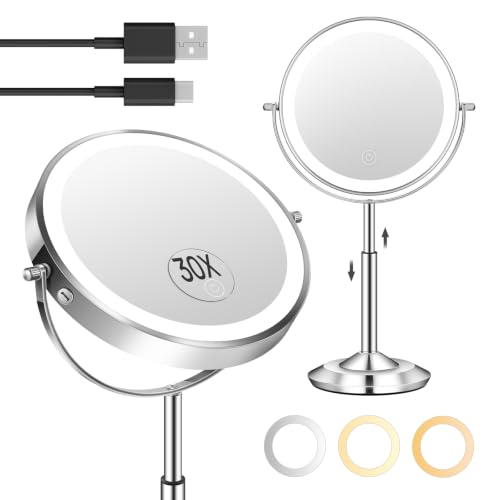 1X/30X 8″ Magnifying Makeup Mirror with Lights Height Adjustable for Desk