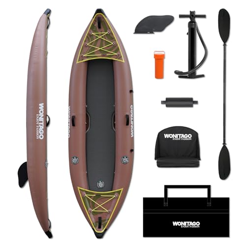 WONITAGO PVC Inflatable Kayak with Drop Stitch Floor, Recreational Touring Kayak with Kayak Paddle, Hand Pump and Carrying Bag, 1 Person, Brown