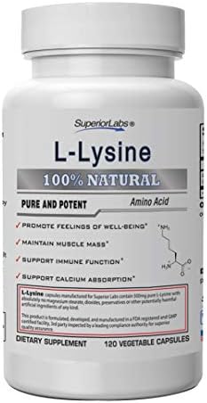 Superior Labs – Best L-Lysine NonGMO - Dietary Supplement –500 mg Pure Active L-Lysine – 120 Vegetable Capsules – Supports Calcium Absorption – Immune System & Respiratory Health Support