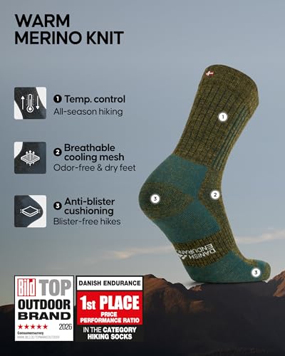 Image of DANISH ENDURANCE Premium Hiking Socks, Merino Wool, Thermal Socks, Men & Women 2 Pack