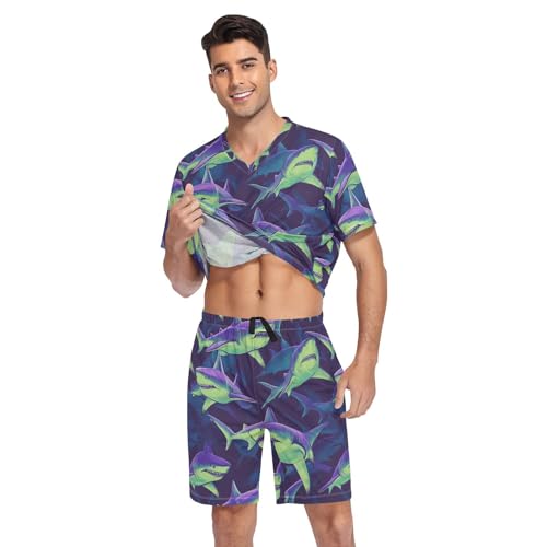 Shark Animal Men’s Pajama Sets Short Sleeve Lounge Wear with Elastic Waistband and Drawstring3