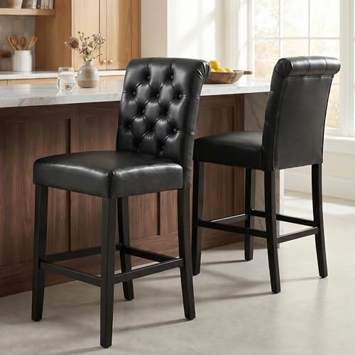 26" PU Leather Button Tufted Counter Stools Set of 2, Black