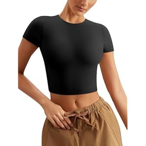 LASLULU Womens Seamless Short Sleeve Tops Crew Neck T Shirt Slim Fit Sexy Basic Tee Workout Athletic Crop Tops