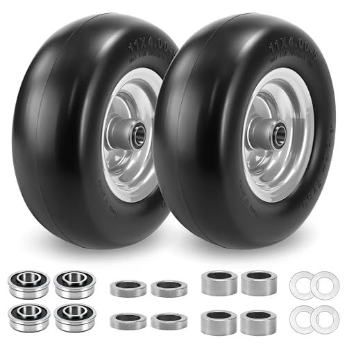 11x4.00-5 Flat Free Tire and Wheel, 11x4-5 Lawn Mower Tire with Solid Smooth & Polyurethane, Replacement for Zero-Turn Front Tires, with 3.4' Centered Hub and 3/4' & Extra 5/8' Bearings, 2 Pack, Gray