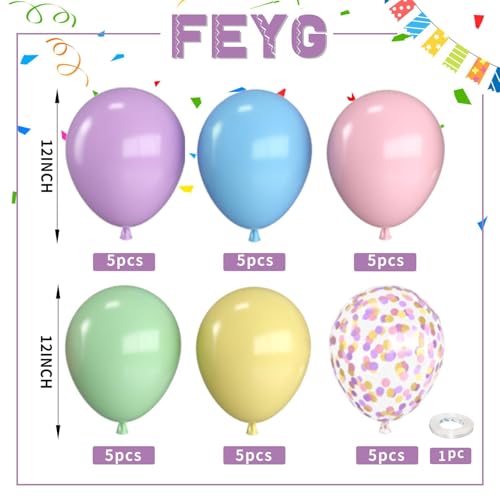 Pastel Balloons,12 Inch Macaron Pink Blue Purple Green Yellow Colorful Confetti Balloons with Ribbon,for Birthday Baby Shower Engagement Party Decorations
